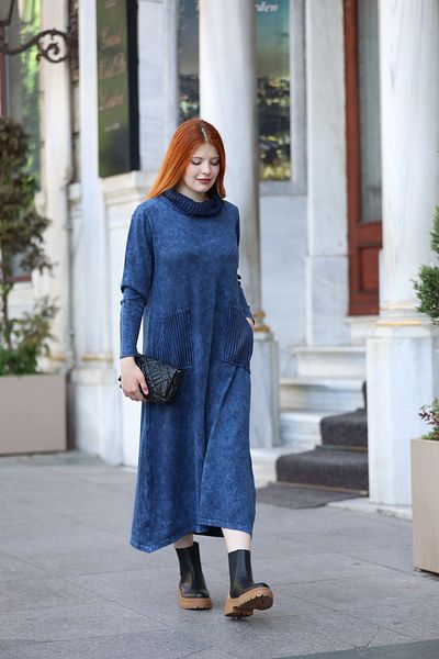 AYASOFYA OTANTIK Rochie de damă, albastru bleumarin, tricotaje din bumbac - guler șal și detaliu buzunar