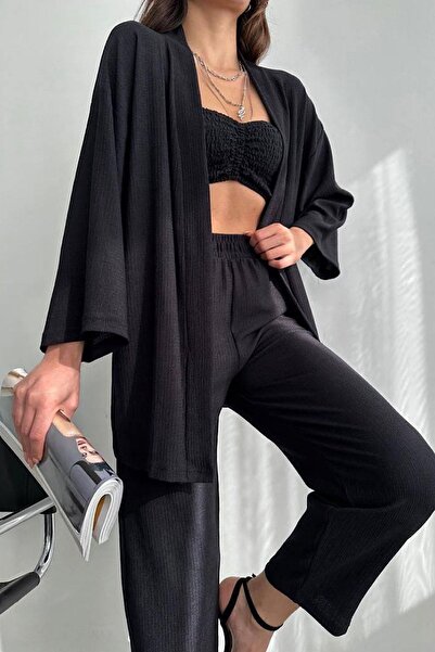 Die&More مجموعة علوية من القماش القطني الأسود الملتف كيمونو