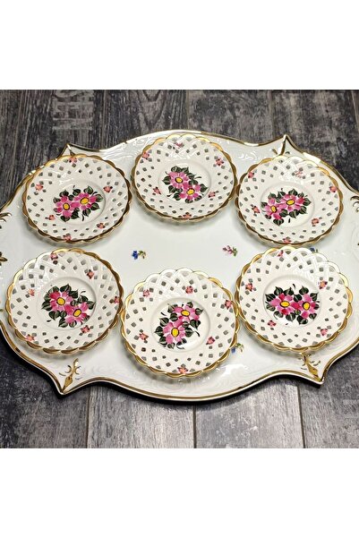 manushum El Boyama Delikli Porselen Çay Tabağı 6 Lı Set-beyaz