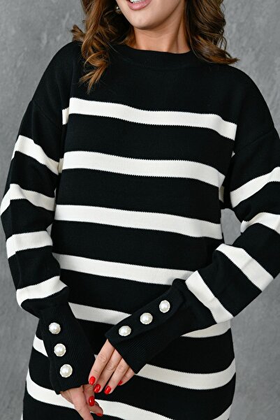 vuvutasarım Μαύρο μίντι ριγέ πλεκτό φόρεμα - Crew Neck, Off Shoulder, Μακρύ μανίκι με κουμπιά και σκίσιμο στο πλάι 10280