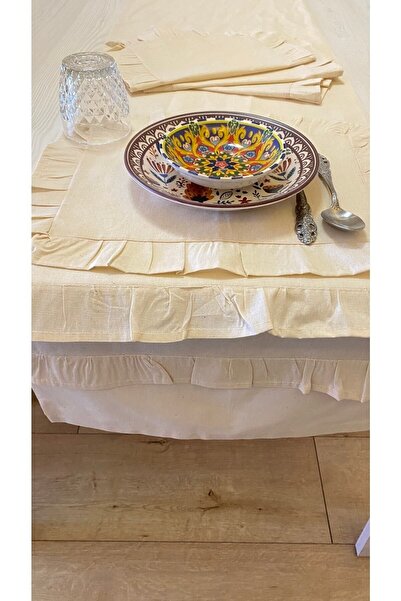 White Alamode Çift Fırfırlı Runner Ve Amerikan Servis Seti 40x210cm