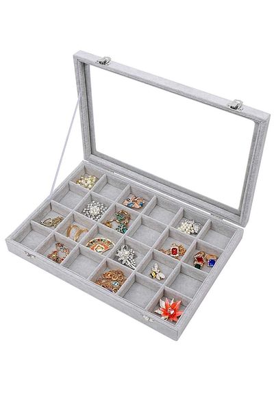 ÖZER KUTU 24 Compartment Jewelry Table with Glass Lid Gray Suede