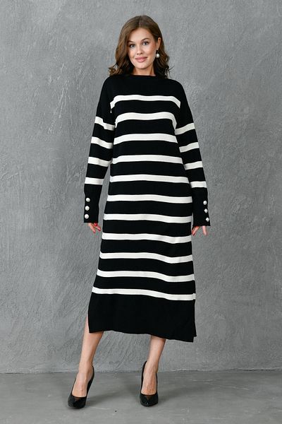 vuvutasarım Black Midi Striped Knitwear Dress - Crew Neck, Off Shoulder, Button and Side Slit Long Sleeve 10280