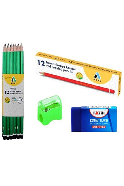 Adell Adel 12 Pieces Pencil - 12 Pieces Red Pencil - Eraser - Pencil Sharpener TOTAL 26 Pieces