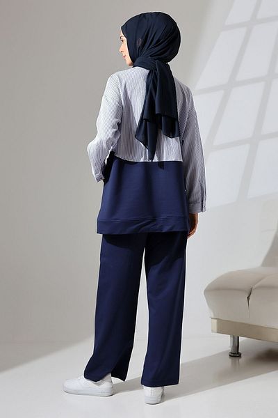 Mihran Butik Γυναικείο Hijab Navy Blue - Αθλητικό και άνετο εποχιακό χτενισμένο βαμβακερό σετ