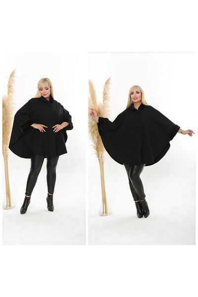 Hitit Butik Plain Black Poncho with Fur Collar