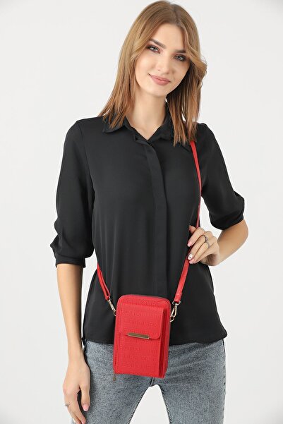 Universal Eşsiz Pazar Kırmızı Kadın Çapraz Askılı Telefon 3 Bölmeli Cüzdan Çanta