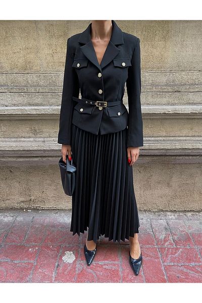 Rabury Butik Elizabeth Gold - Belted Blazer Jacket and Pleated Long Skirt Set
