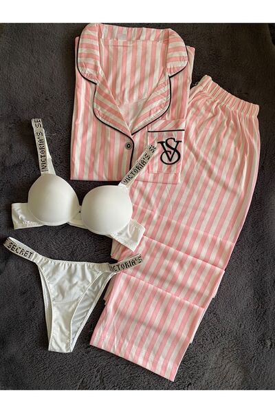 ABBA Set de pijamale 4 piese din bumbac pieptănat cu mânecă lungă pentru femei Set sutien