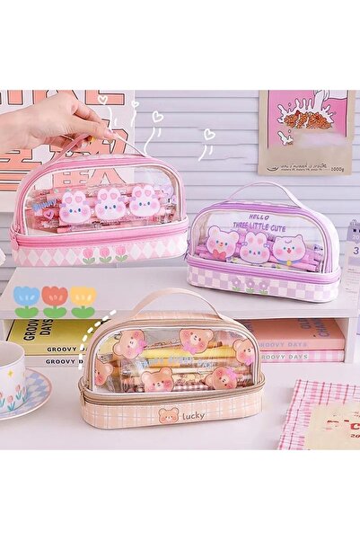 Kawaii Double Deck Large Capacity Pen Holder (Pink)