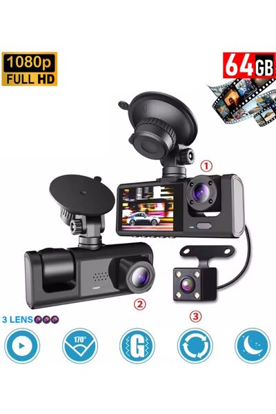 MPIA 64GB Araç İçi Kamera 3 Kameralı (Yol + Araç İçi+ Arka) FHD Video Kayıt M...