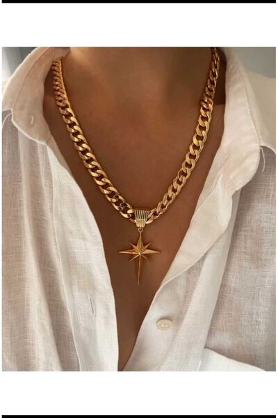 ANGELSS JEWELLERY سلسلة سميكة قلادة نجمة القطب - الصلب