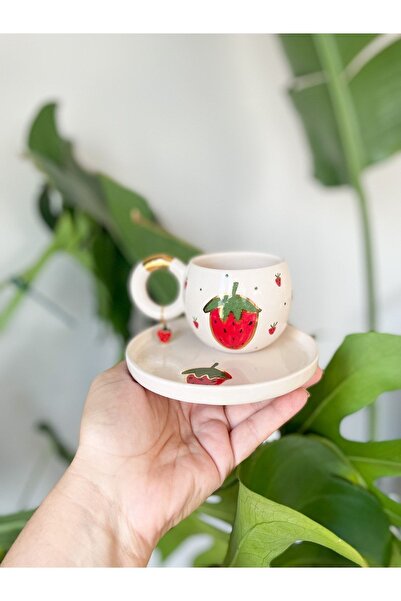 Mugtasarım 24k Altın Yaldızlı Çilekli Double Türk Kahvesi Fincanı Mug