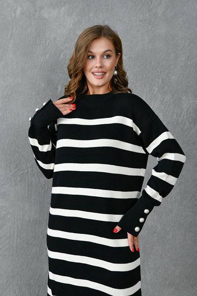 vuvutasarım Black Midi Striped Knitwear Dress - Crew Neck, Off Shoulder, Button and Side Slit Long Sleeve 10280