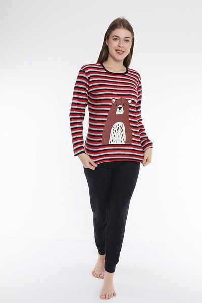 FAMES PİJAMA Striped Patterned Rose Gold Interlock Fabric Long Sleeve Women's Pajama Set
