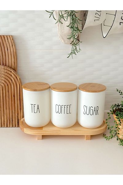 Minika Home 1000 ml Tea-Coffee-Sugar Glass Jar Set - Set of 3 with Wooden Stand and Riser