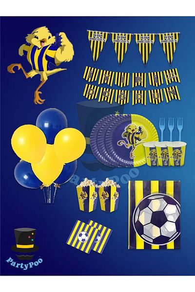 PartyPoo ⚽   Σετ πάρτι γενεθλίων ποδοσφαίρου Yellow Navy Blue για 16 άτομα – Πακέτο ειδικής γιορτής φανατικών