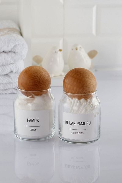 ANJEAHOME Moron Set of 2 300 Ml Glass Jars with Wooden Ball Lids Bathroom Organizer (Different Label Options)