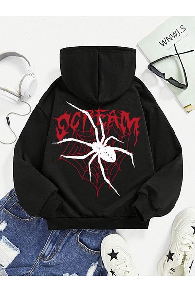 LA GULER Scream Spider Printed Unisex Χειμερινή κουκούλα με κουκούλα - Φούτερ με 3 νήματα βαμβακερή σαρδόνη