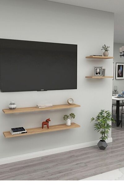 NİLDECO 4lü Atlantik Çam Duvar Rafı Tv Rafı Salon Dekorasyonu 4lü Tv Raf