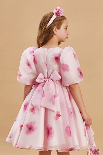 SIRRI Çiçek Desenli Balon Kol Organze Elbise  3 Parça Set Taç ve Çanta