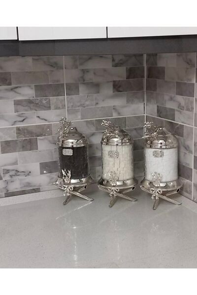 İmren Collection Japon Güllü 3’lü Çay Şeker Kahve Kavanoz Seti Gümüş Renk 1kg