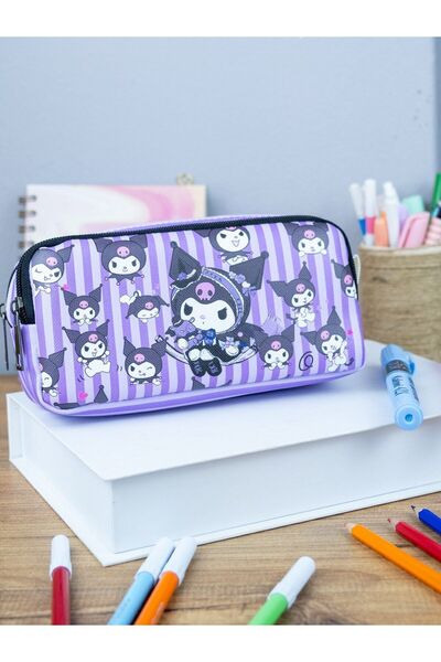 OneSize Piele vegană cu două compartimente tematice Kuromi - Suport pentru stilou cu două compartimente