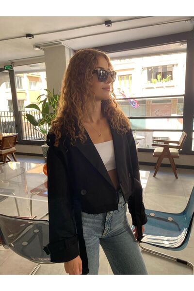 Niceboutique Oversize Düğme Detaylı Belden Kuşaklı Siyah Kısa Trençkot