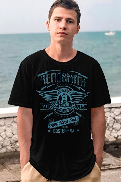 ROCKANDROLL إيروسميث تي شيرت أسود قصير الأكمام للرجال