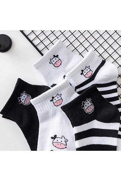COTAS 5 Pairs of Tennis Socks - Black and White Cow Pattern, Special Design