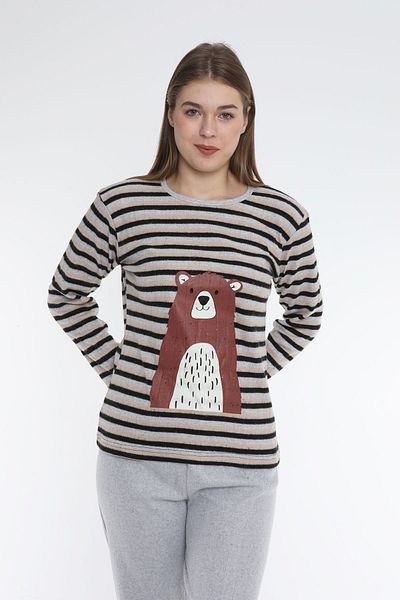 FAMES PİJAMA Striped Patterned Rose Gold Interlock Fabric Long Sleeve Women's Pajama Set