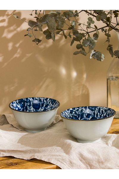 LC Waikiki Lcw Home 13 cm Dark Blue Ceramic Bowl Set - 2 Pieces Printed