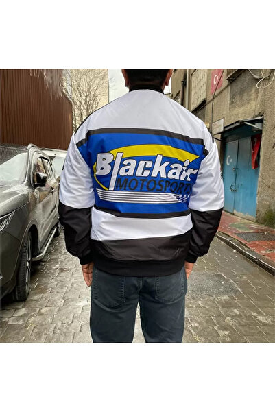 alhemengelir Blackair Motosport Blue White Printed Zippered Parachute Jacket