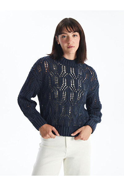 LC Waikiki Navy Blue Mock Neck Lace-Like Knit Women's Knitwear Sweater