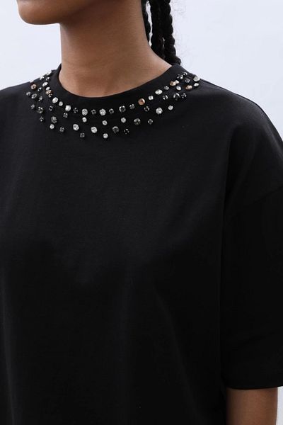 Ecenin Favorileri Tricou negru oversize brodat cu piatră