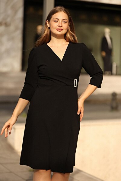 EGZEBRU Plus Size Black Scuba Evening Dress - With Stone Buckle