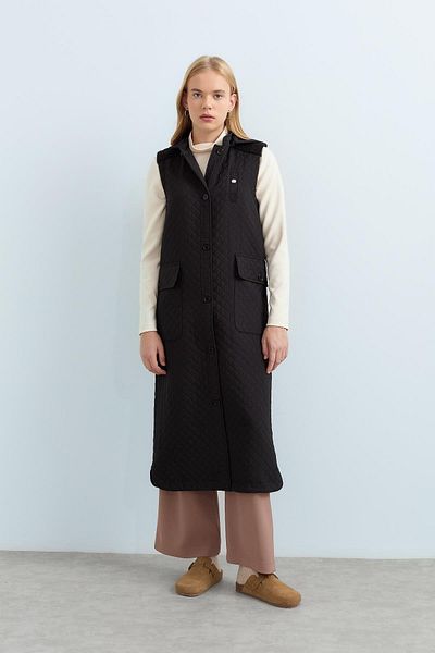 Nihan Thin Quilted Bag Pocket Long Vest Black
