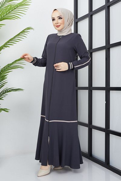 hafsamina Anthracite Abaya with Stripe Detail