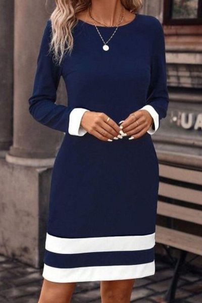 Mossta Navy Blue Imported Crepe φόρεμα - Crew λαιμόκοψη, ριγέ μανίκια και στρίφωμα