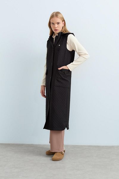 Nihan Thin Quilted Bag Pocket Long Vest Black