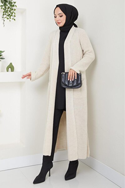 hafsamina Κρεμ Χρώμα Πλεκτό Ζακέτα με Τσέπες - HM2243