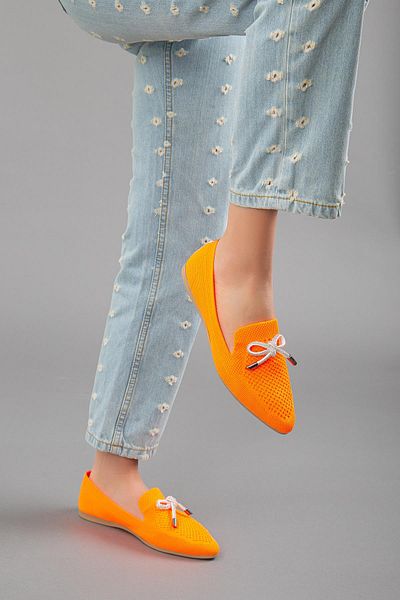 Dilimler Ayakkabı Knitwear Stone Detailed Pointed Toe Orange Women's Ballerinas