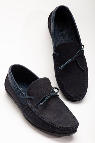 Dilimler Ayakkabı Navy Blue Genuine Leather Nubuck Lacing Men's Casual Rock Shoes