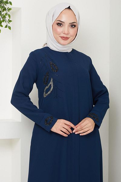hafsamina Navy Blue Hüma Ferace - Stone Detailed HM2479