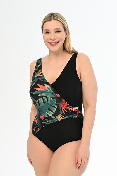 AQUAVİVA Large Size Black Double Breasted Swimsuit - Aquaviva Martina Patterned