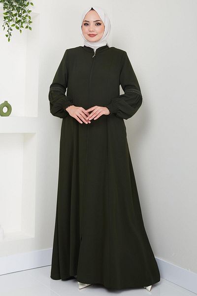 hafsamina Khaki Embroidered Ferace - HM2412