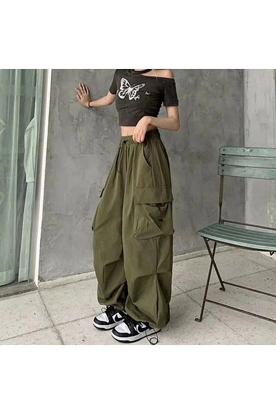 1blood Χακί Πράσινο Extreme Loose Fit Y2k Cargo Pocket Elastic Unisex Baggy