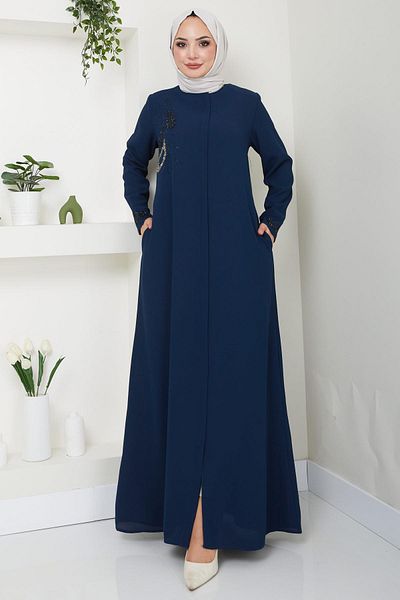 hafsamina Navy Blue Hüma Ferace - Stone Detailed HM2479