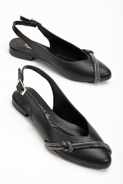 Dilimler Ayakkabı Two Rows of Stoned Back Open Leather Black Women's Ballerinas