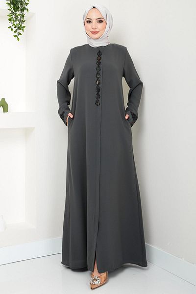 hafsamina Smoked Drop Stone Detailed Ferace - HM2435